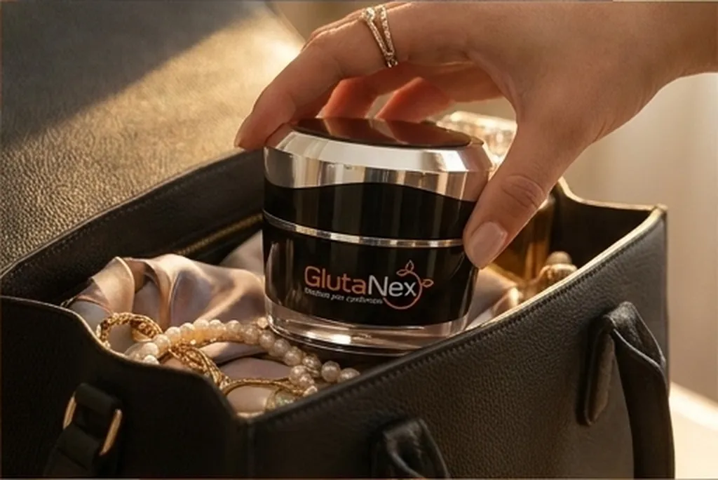GlutaNex jar in a handbag with pearls