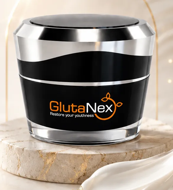 GlutaNex glutathione cream jar on a marble stand