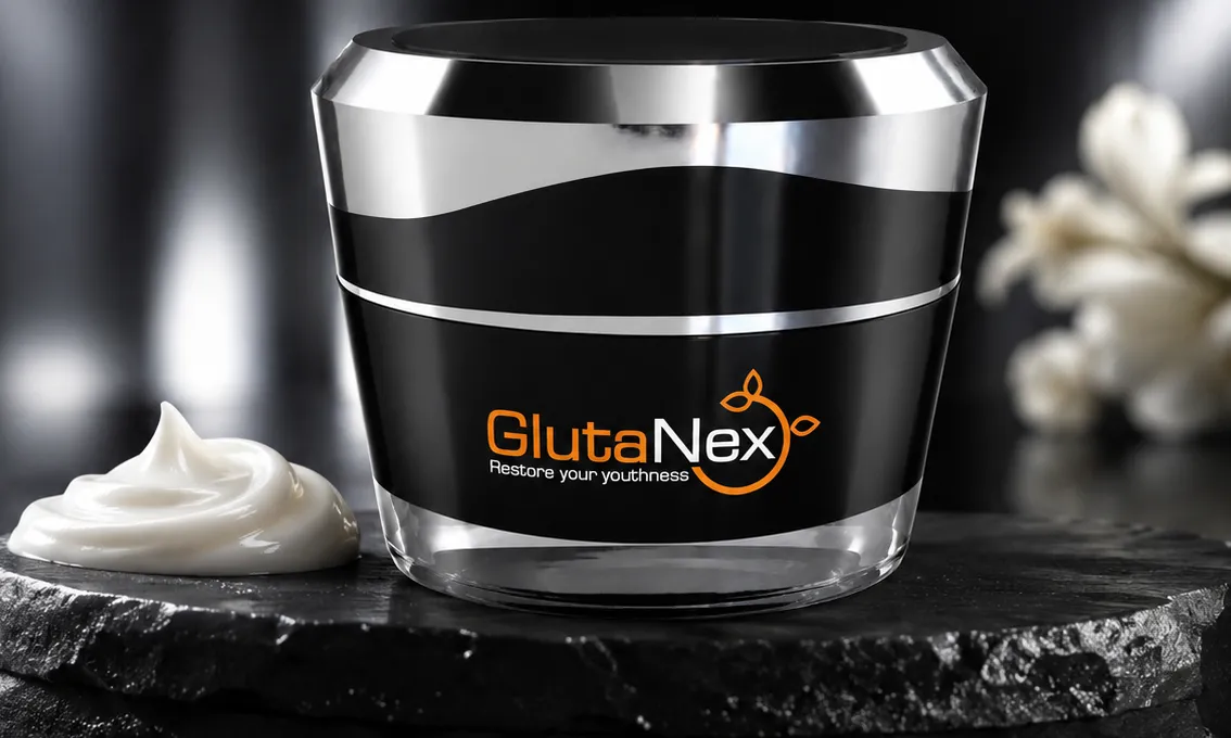 GlutaNex Night Cream on a black stone with a swatch of cream